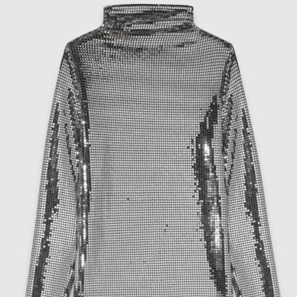 NWT Women's Maje Silver Sequined Metallic Funnel Turtle Neck Shirt - Picture 3 of 9
